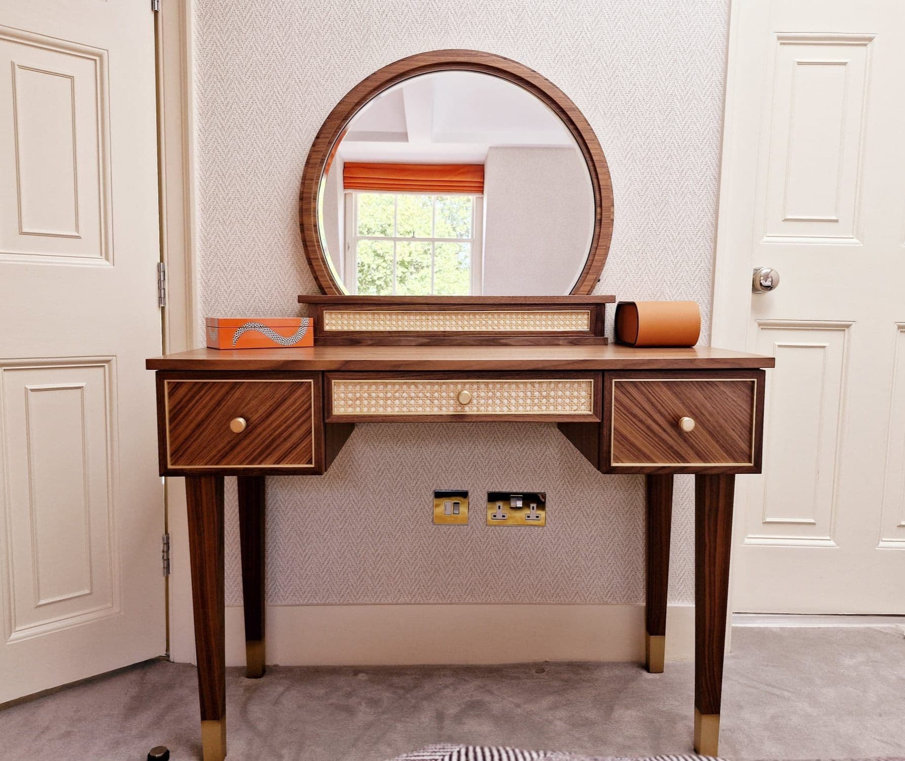 Bespoke round mirror and dressing table crafted by Pearl and Bo